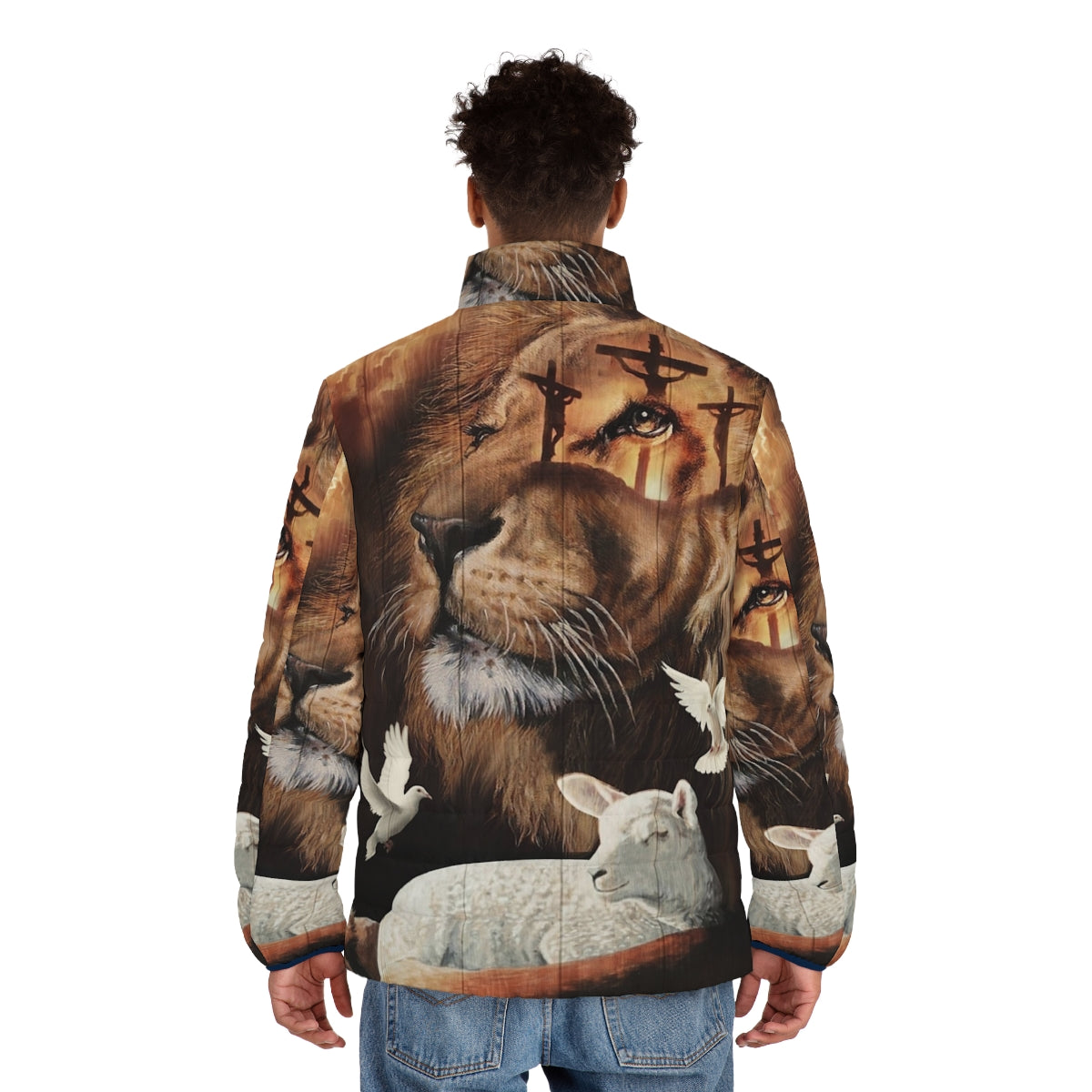 A puffer jacket featuring the Lion of Judah and the Lamb of God design - men back