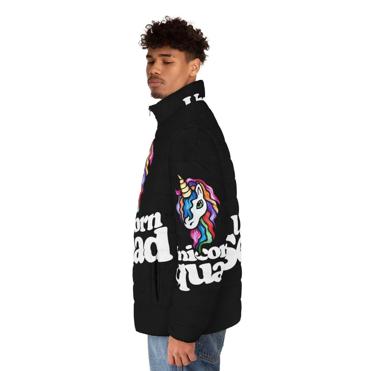 A colorful puffer jacket featuring a whimsical unicorn design, perfect for winter adventures. - men side left