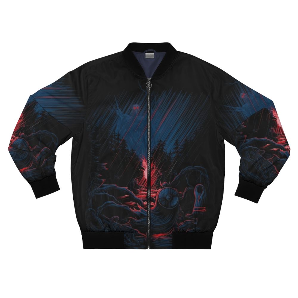 Valheim-inspired bomber jacket with viking, fantasy, and gaming motifs