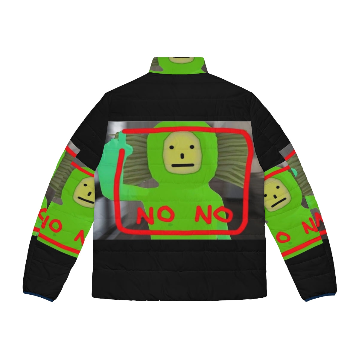 No No Square Puffer Jacket featuring a green and red design inspired by the popular YouTube meme - Back