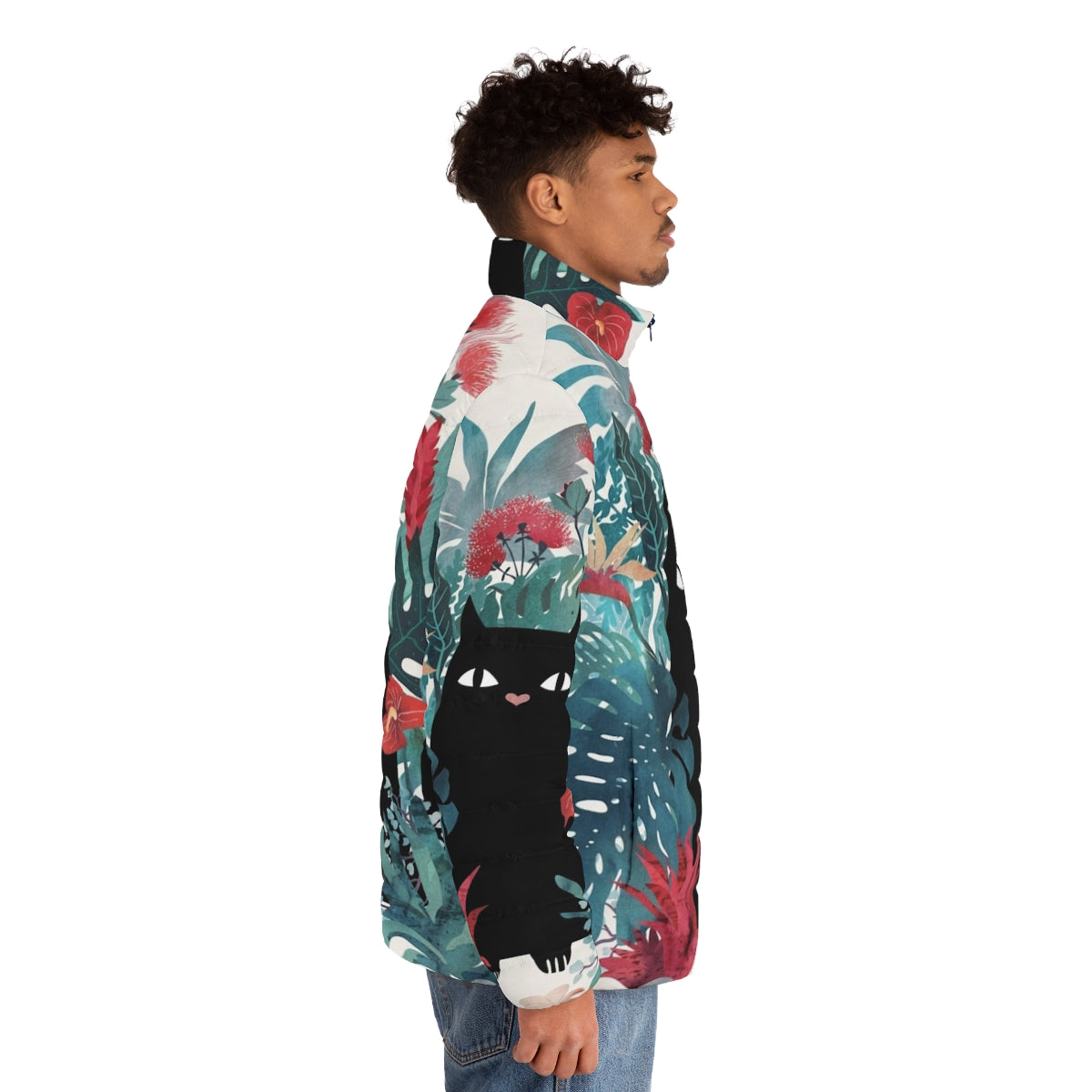 Black cat wearing a puffer jacket with tropical floral design - men side right