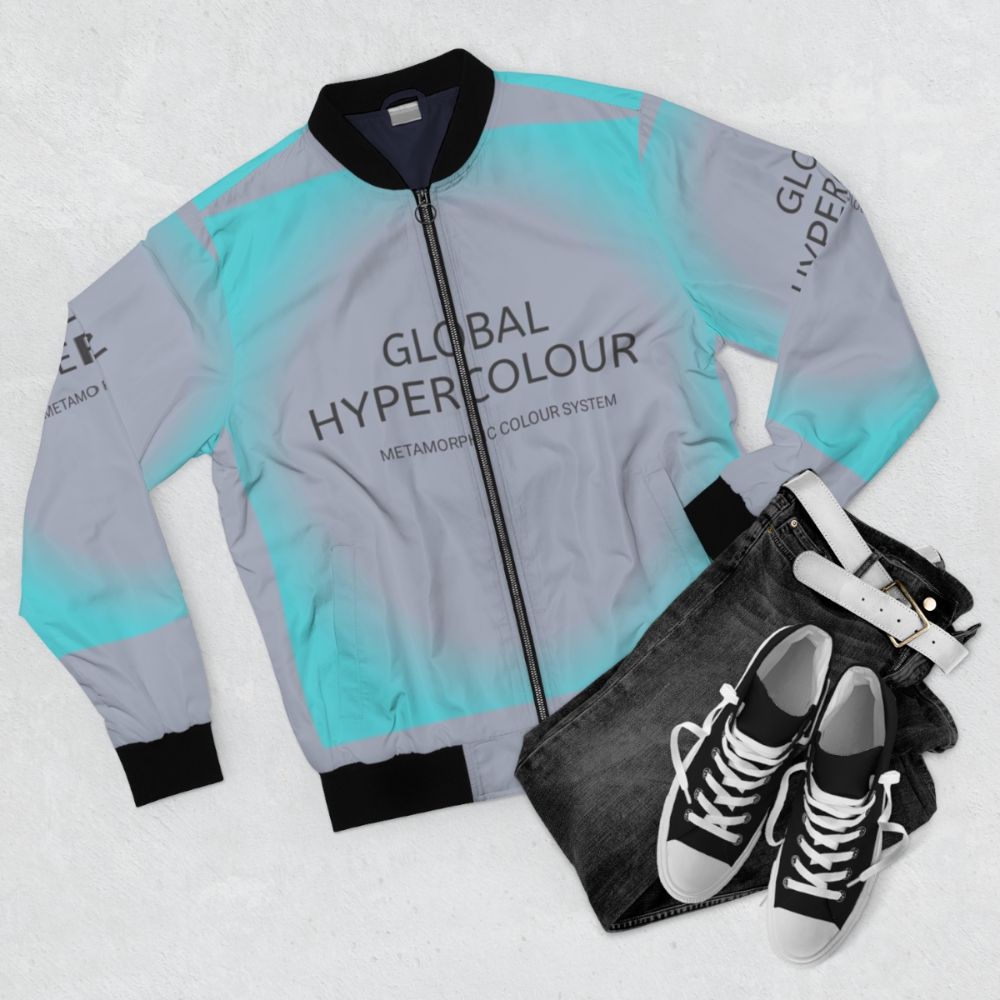 A colorful and vibrant bomber jacket with a global hypercolor design. - Flat lay