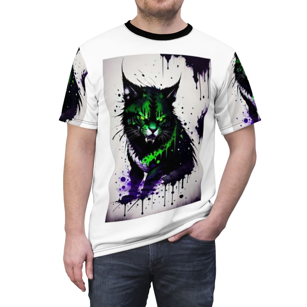 Illustration of a fantastical, mysterious cat-like creature on a t-shirt - men front