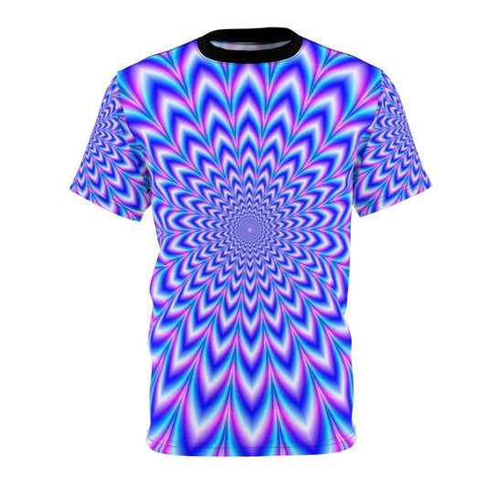 Vibrant psychedelic and optical illusion pattern on a t-shirt, featuring a hypnotic and mind-bending design.