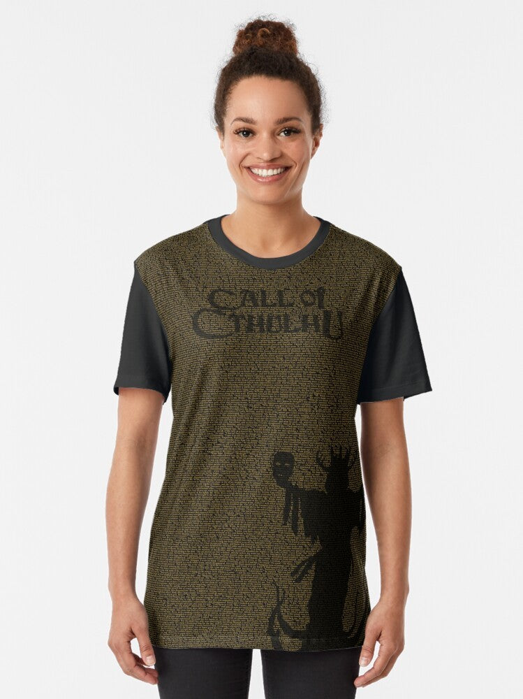 Cthulhu Mythos Hastur graphic t-shirt with text "The Horror Between The Lines" - Women