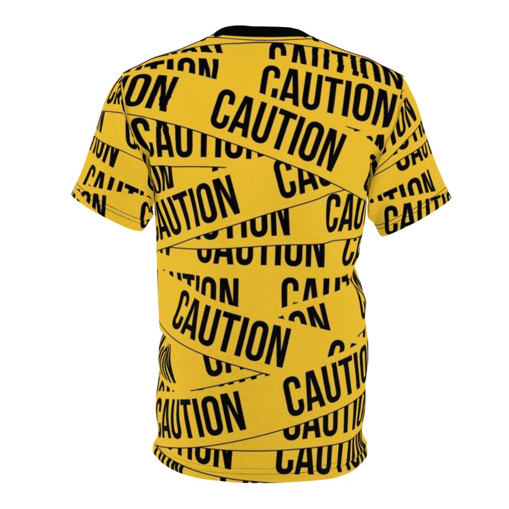 Caution-themed t-shirt with police tape, danger zone, and warning sign graphics - Back