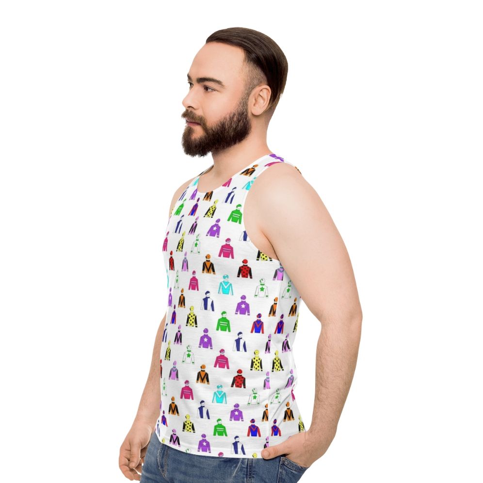 Unisex tank top featuring the vibrant colors of jockey silks - men side