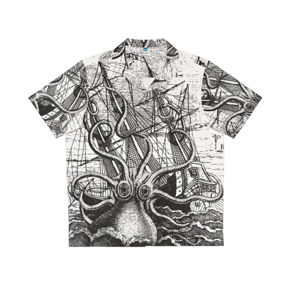 Vintage Kraken Attacking Ship Illustration Hawaiian Shirt