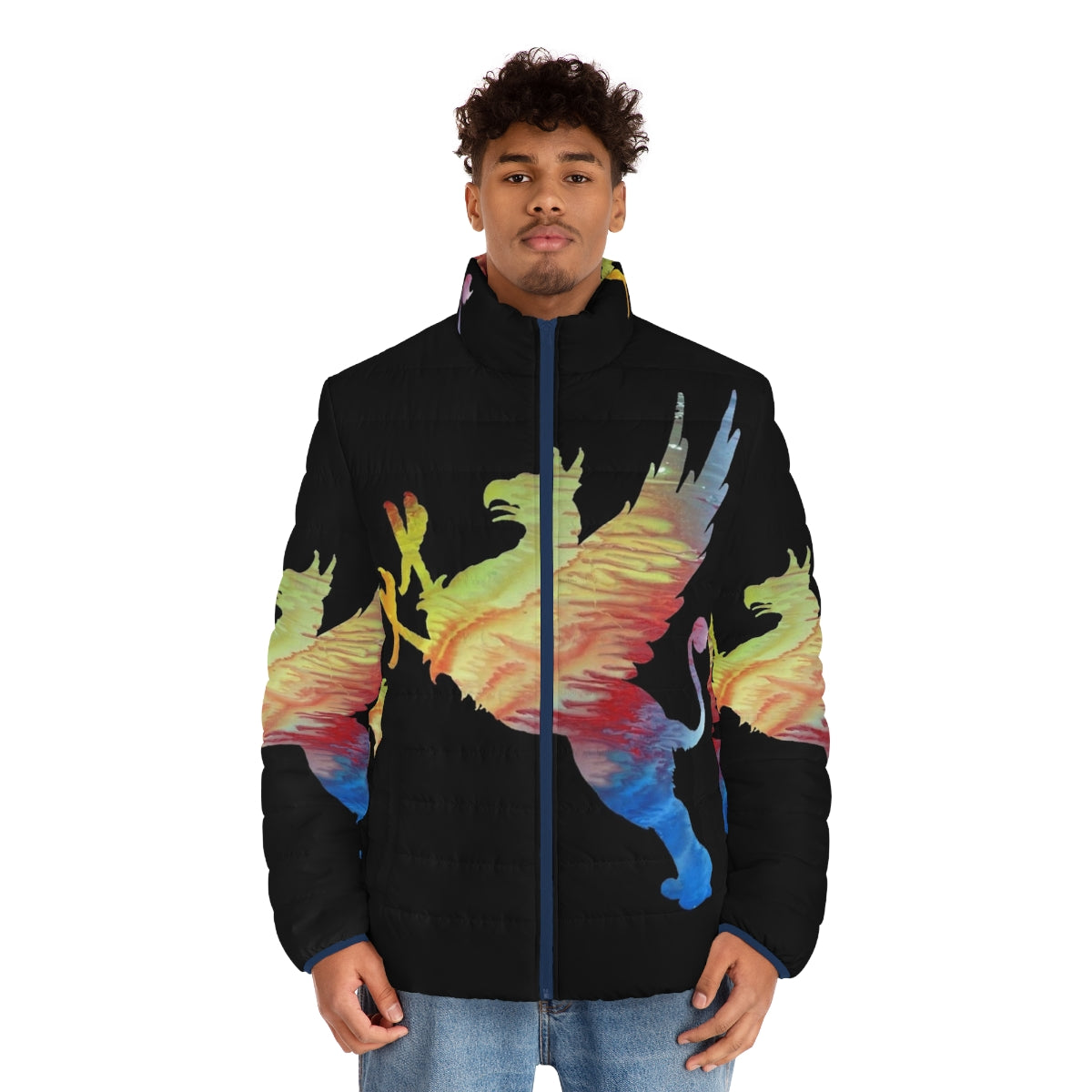 Gryphon Puffer Jacket with abstract watercolor painting of a legendary mythological creature - men front