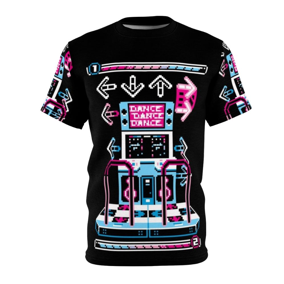 Retro dance arcade-style pixel art graphic on a t-shirt