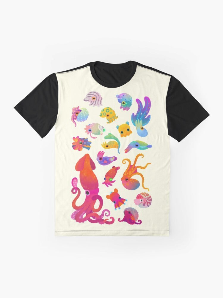 Cephalopod marine life graphic t-shirt featuring various sea creatures like squid, octopus, and cuttlefish - Flat lay