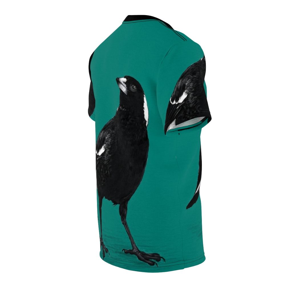 Stylish t-shirt featuring a striking black and white Australian magpie bird design - men right