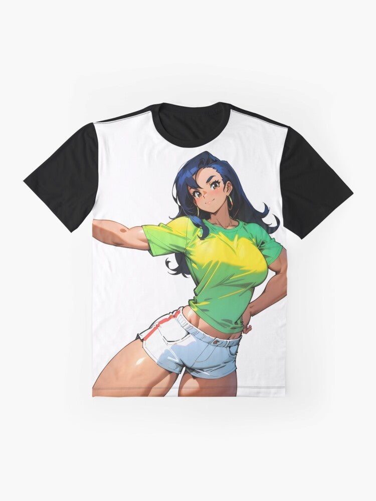 A graphic t-shirt featuring an inspirational anime-style illustration of a strong, athletic female character showcasing her muscular physique. - Flat lay