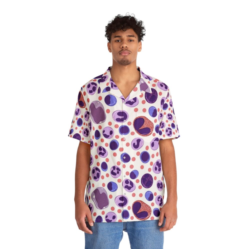 Large white blood cell pattern on a Hawaiian-style shirt - People Front