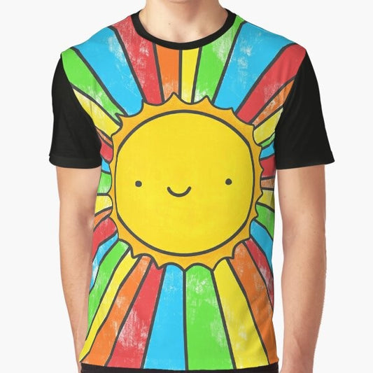 Radiate Positivity graphic t-shirt featuring a colorful design with a smiling sun, rainbows, and positive quotes.