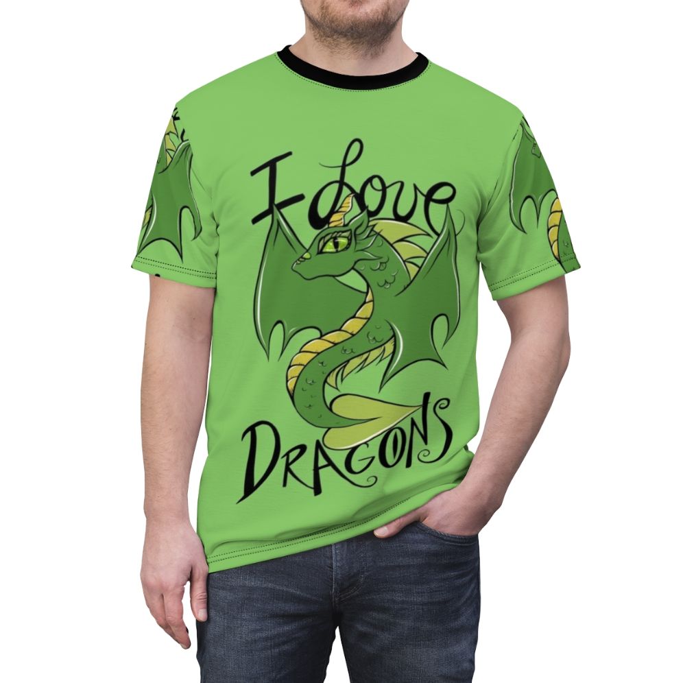 Illustration of a cute, green dragon on a t-shirt - men front