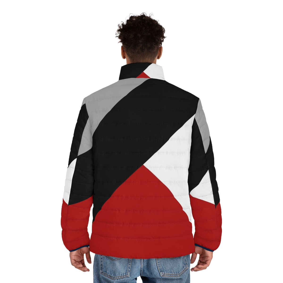 Geometric black puffer jacket with diagonal stripes and triangles - men back