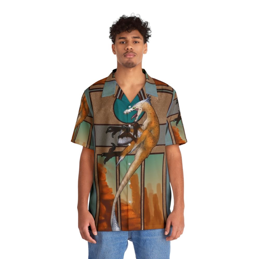 Velociraptor Nouveau Hawaiian Shirt featuring a feathered dinosaur design - People Front