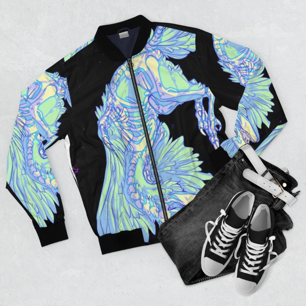 Archaeopteryx glow in the dark dinosaur-themed bomber jacket with stars and cosmic design - Flat lay