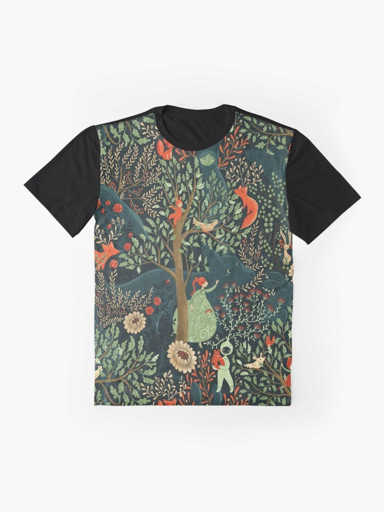 Whimsical and enchanting graphic t-shirt featuring a forest-inspired pattern with fairytale elements like a fox, trees, and floral designs in shades of green. - Flat lay