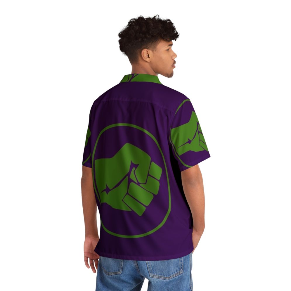 Green Hawaiian shirt with Hulk smash fist logo - People Back