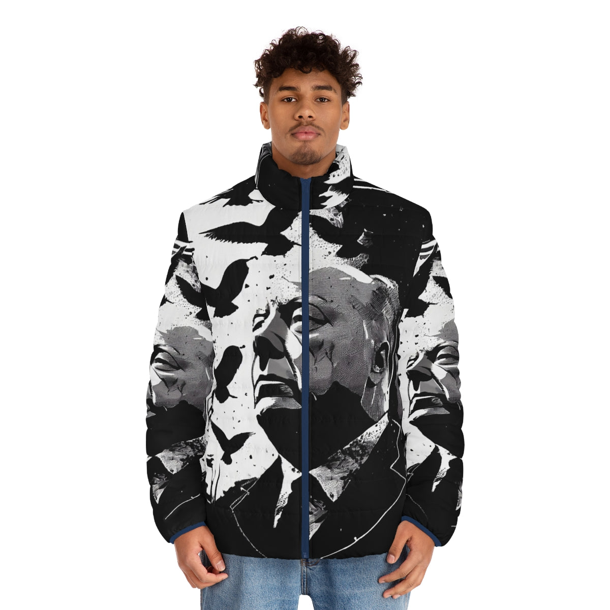 Alfred Hitchcock portrait puffer jacket inspired by the classic film "The Birds" - men front