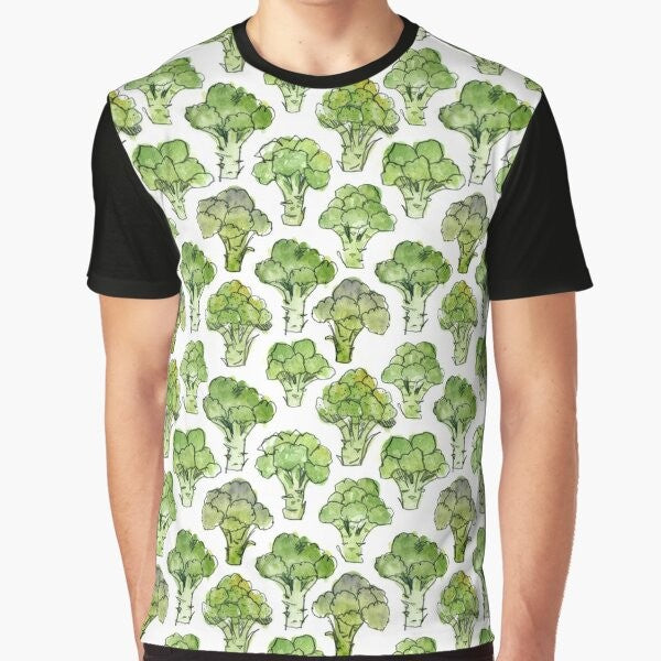 Watercolor illustration of broccoli florettes and flowers on a green t-shirt.