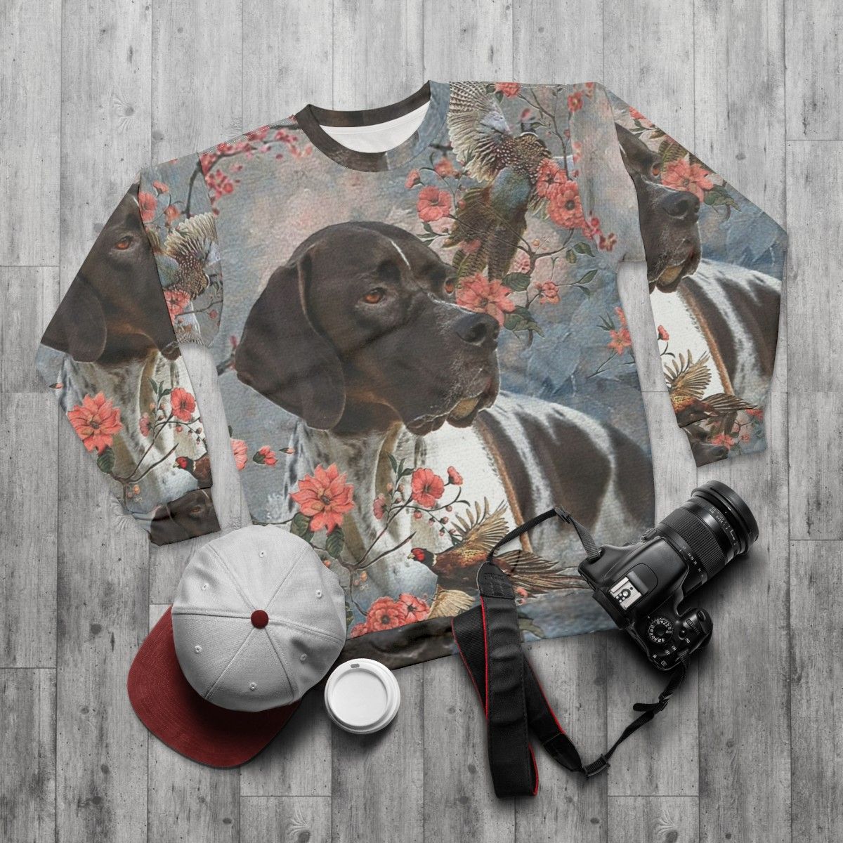 Pointer dog with pheasants on sweatshirt - flat lay