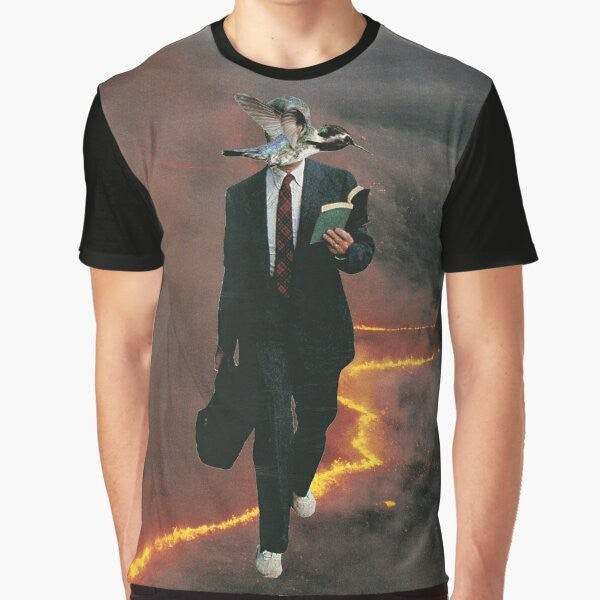 Surreal collage graphic t-shirt featuring a midlife crisis themed design