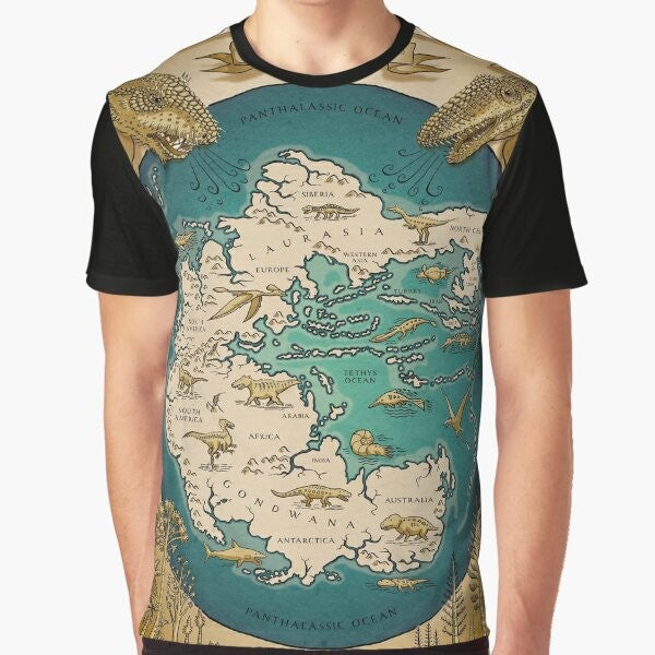 A graphic t-shirt featuring a map of the Pangaea supercontinent from prehistoric times.