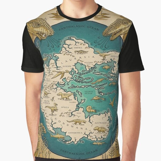 A graphic t-shirt featuring a map of the Pangaea supercontinent from prehistoric times.