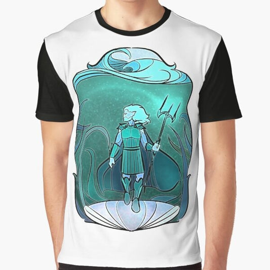 Stained glass graphic of the Greek god Poseidon on a t-shirt