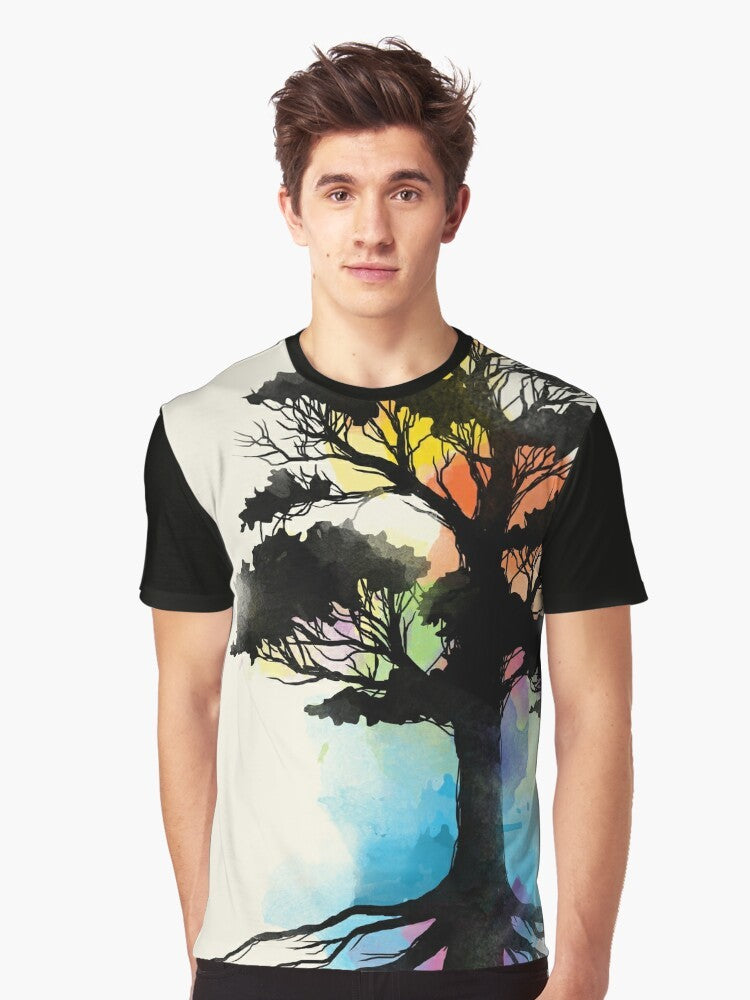 Natural Source Graphic T-Shirt featuring a watercolor-inspired nature design with trees and elements - Men