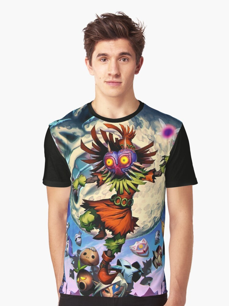 Majora's Mask graphic design on a t-shirt, featuring characters and symbols from the Legend of Zelda video game series. - Men