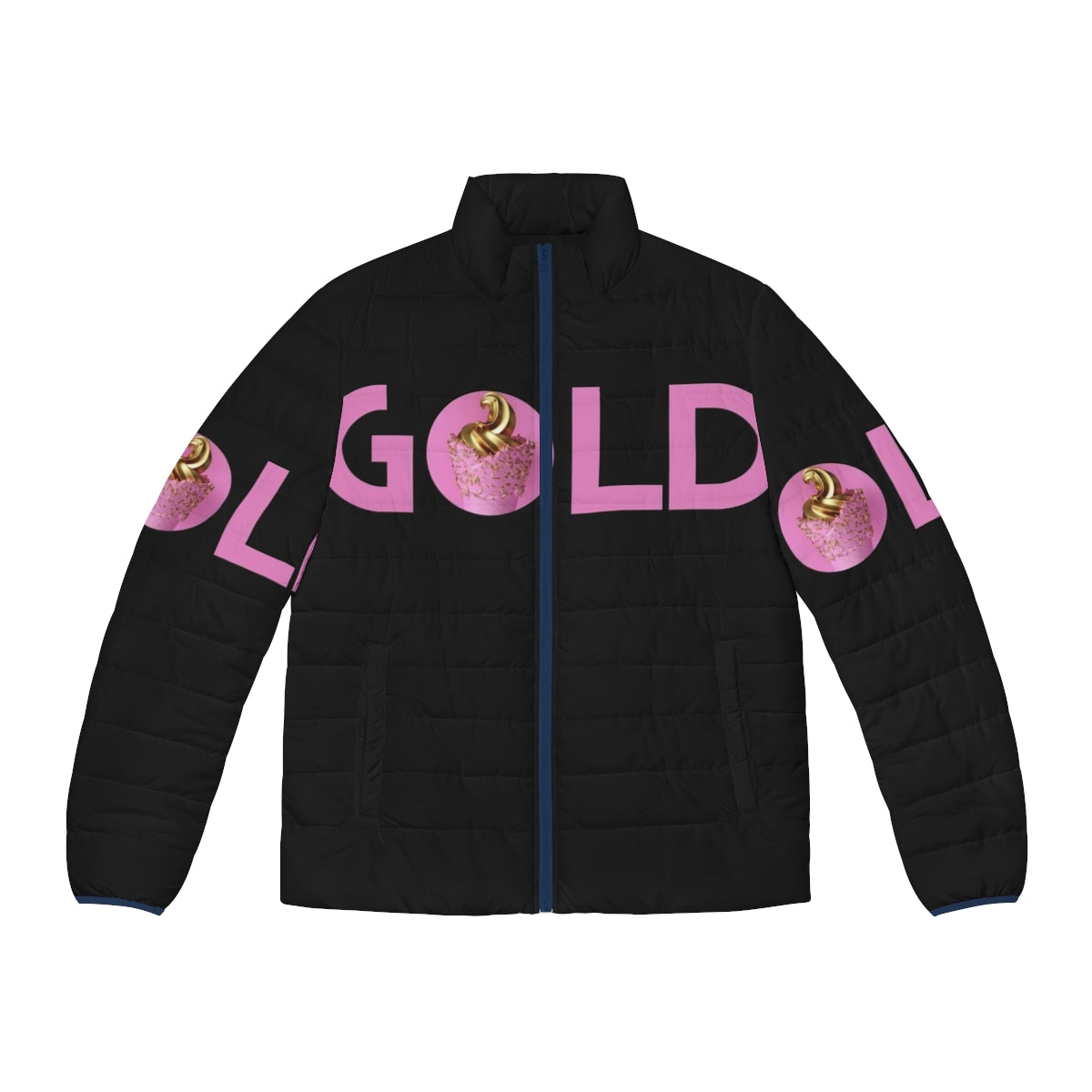 Gold and pink puffer jacket with galaxy unicorn design