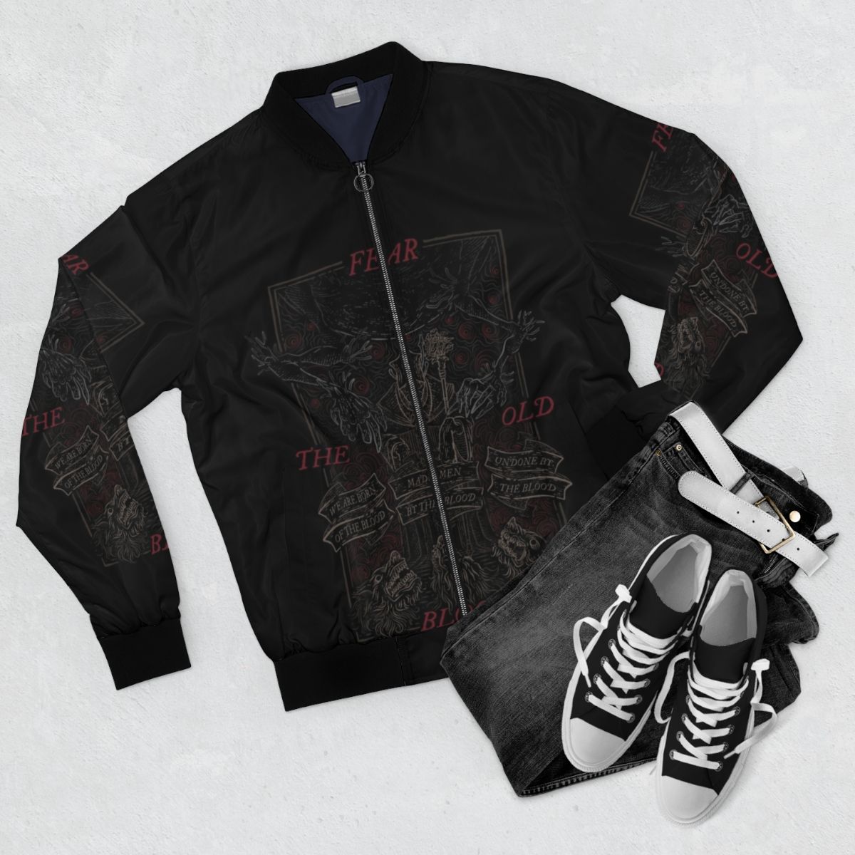 Bloodborne and Dark Souls inspired retro bomber jacket with Lovecraftian horror design - Flat lay