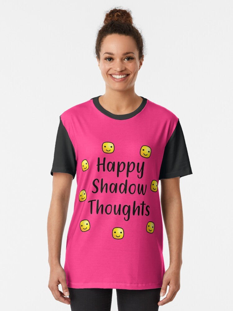 Inspiring minimalist t-shirt with the text "Happy Shadow Thoughts" in a modern, typographic design. - Women