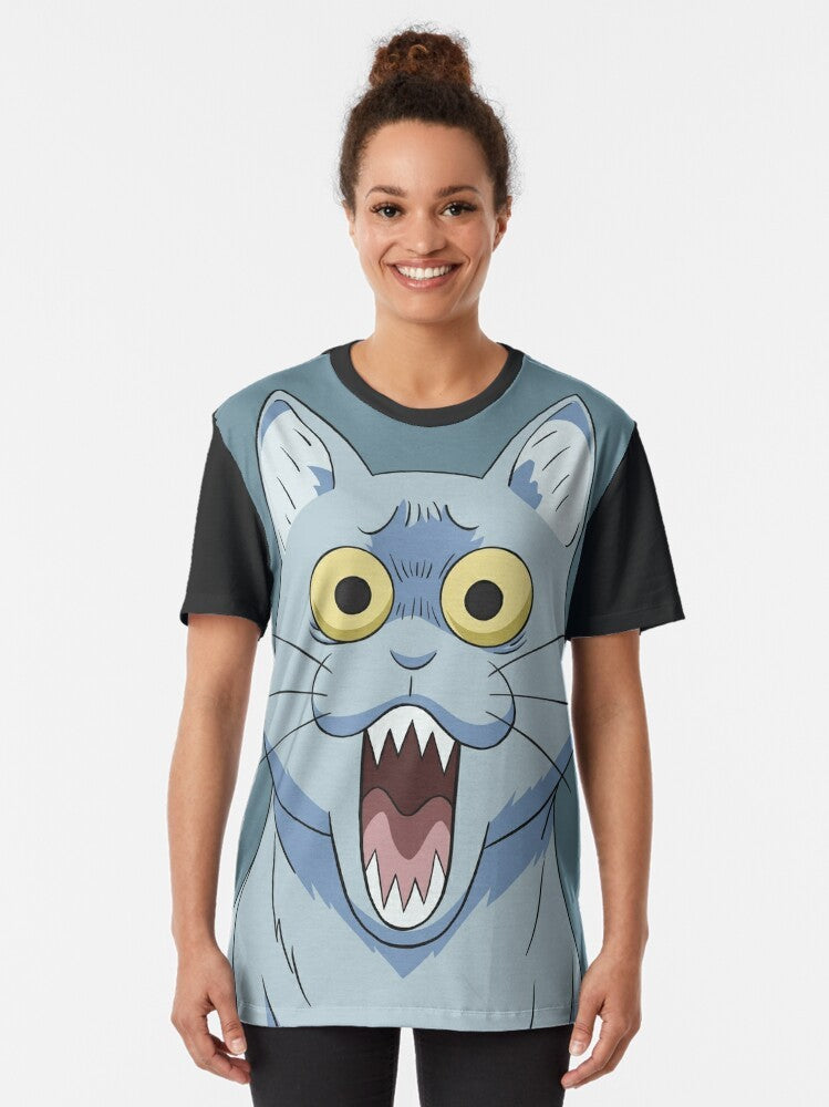 Illustration of a horrified, shocked, and surprised cat with a disgusted expression, perfect for an anime or manga-inspired t-shirt design. - Women