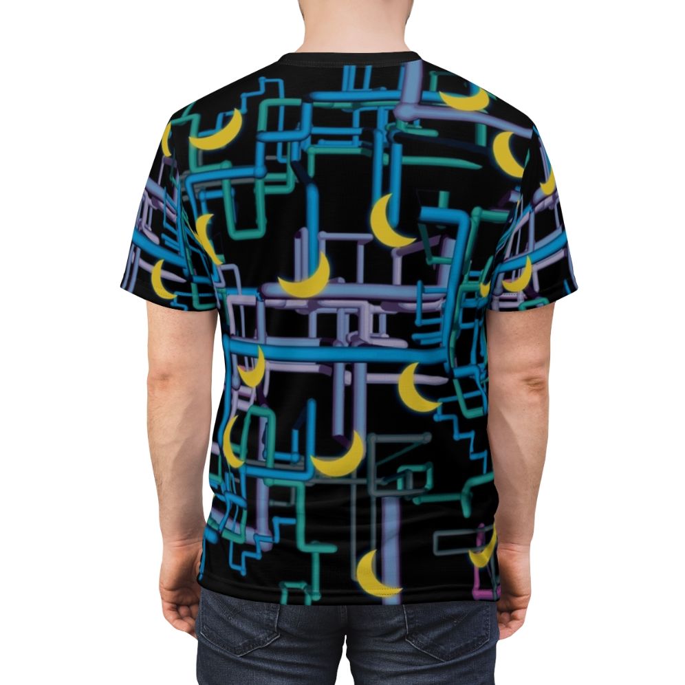 Graphic t-shirt featuring a complex, eye-catching pattern design inspired by Dan Flashes and I Think You Should Leave. - men back