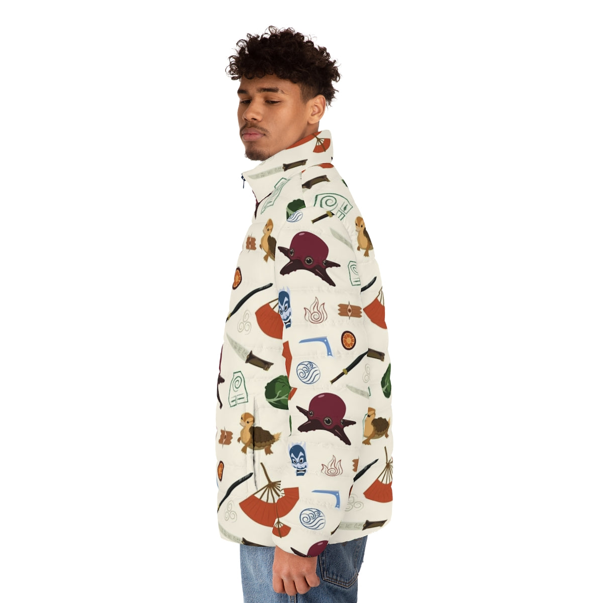 Colorful puffer jacket featuring patterns and characters from the anime series Avatar: The Last Airbender - men side left