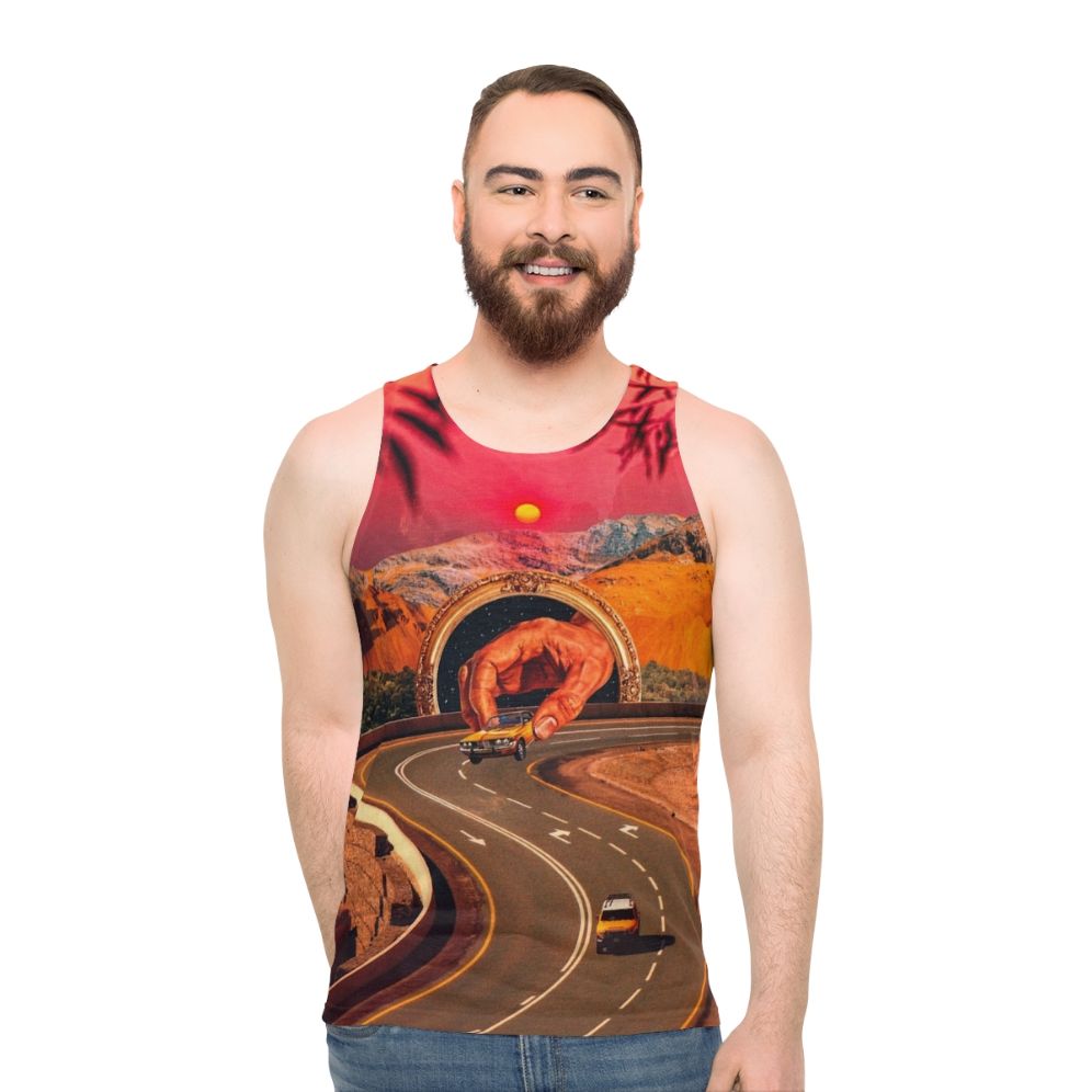 Colorful surreal unisex tank top with retro futuristic design featuring cars and space elements - men