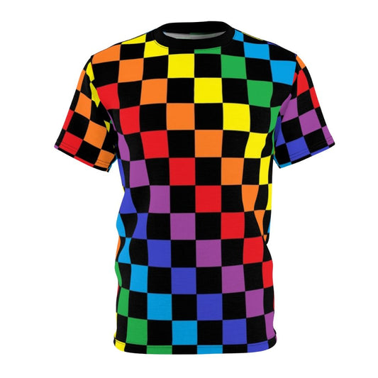 Colorful checkered rainbow pattern design on a black t-shirt