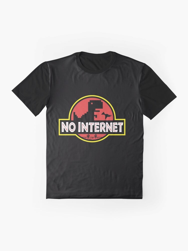 Graphic t-shirt featuring the Jurassic Park logo and a pixel dinosaur in a "no internet" offline game style - Flat lay