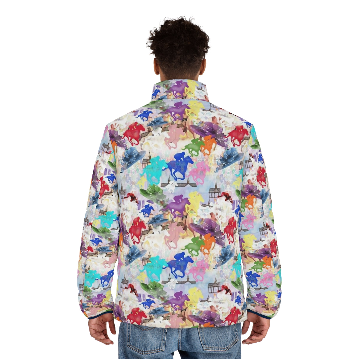 Colorful horse silhouette puffer jacket with focus on equestrian and horse racing - men back