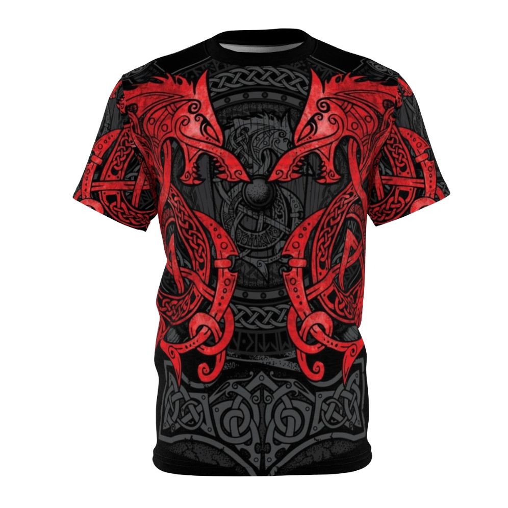 T-shirt featuring a Norse mythology-inspired design with the wolf Fenrir, Celtic knots, and runes