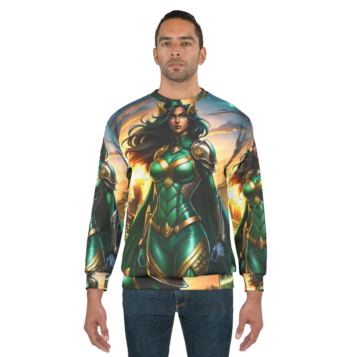 Empowered superhero woman in emerald armor standing in front of city skyline - men