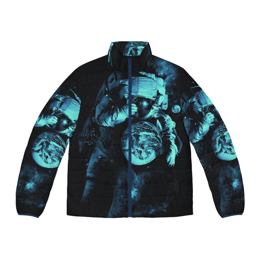 Puffer jacket with a surreal, cosmic design featuring an astronaut, planets, and the Milky Way galaxy.