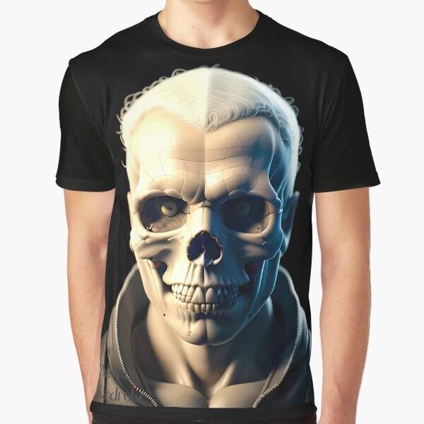 Skull character graphic t-shirt with a spooky, eerie, and mysterious design