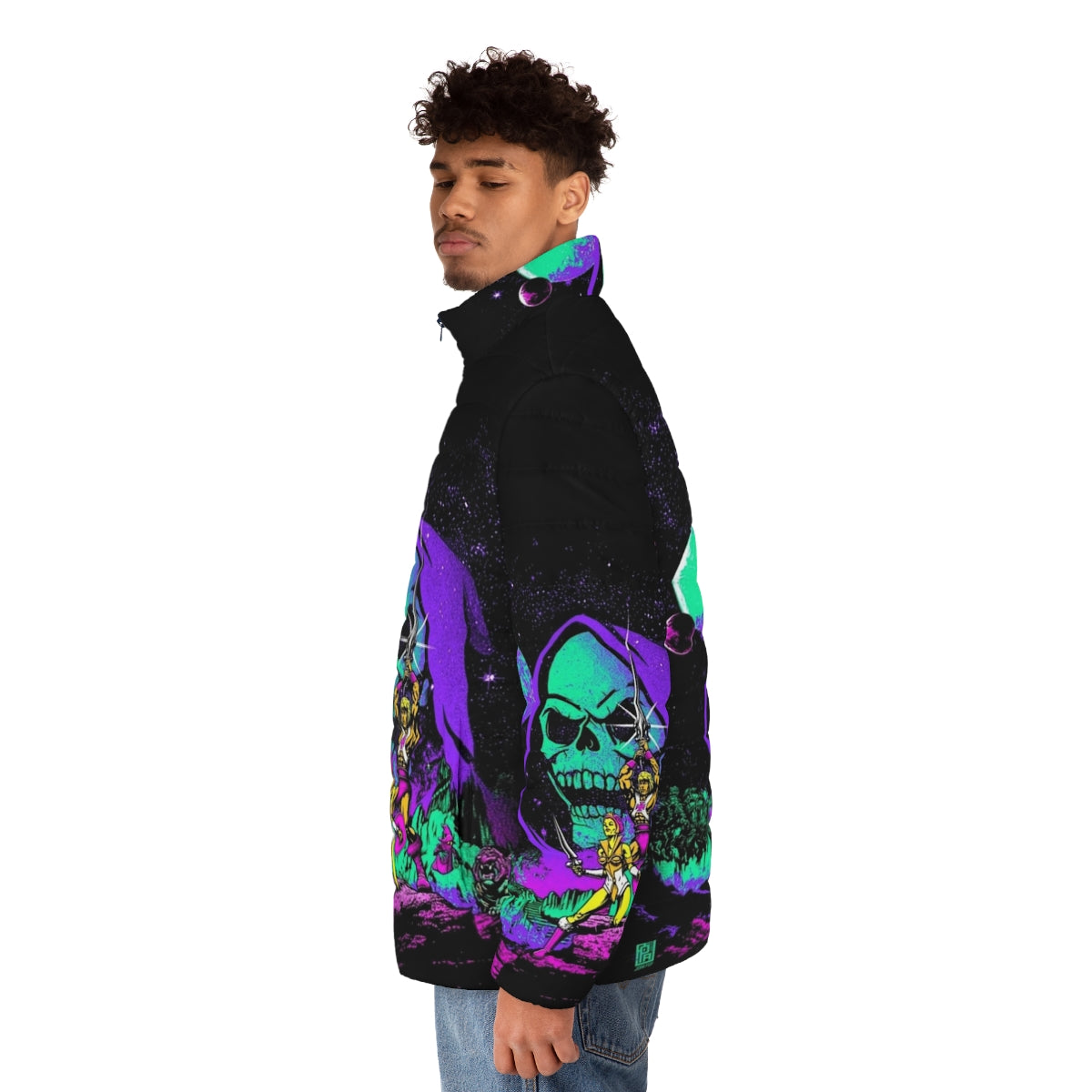 Masters of the Universe He-Man Puffer Jacket with Retro Space Adventure Design - men side left