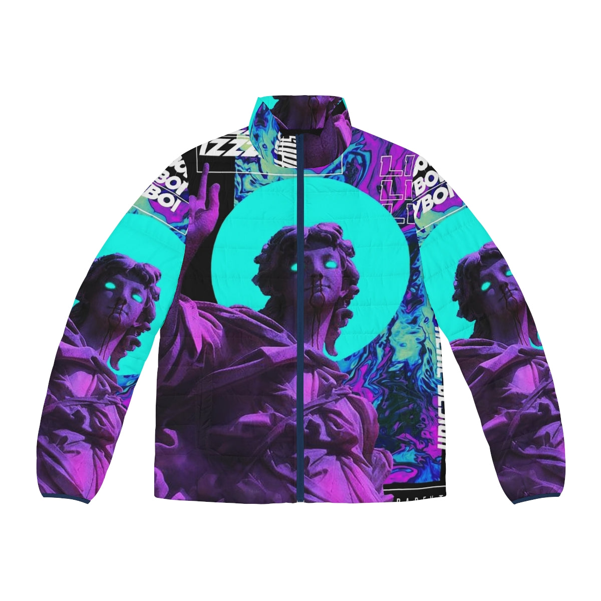 Vaporwave inspired puffer jacket with futuristic cyberpunk design